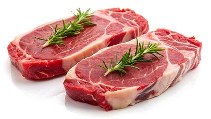 Fototapeta premium Two raw steaks are displayed isolated on white background