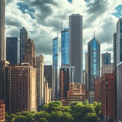 Obraz premium Sun shining through Chicago skyline during twilight hour high resolution picture