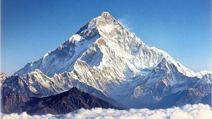 Naklejka premium Snow-covered summit in early morning light with distant peaks visible against blue sky