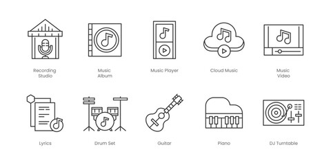 Music  Outline Icons Set – Music Album, Music Player, Recording Studio, Cloud Music, Drum Set, Lyrics, Music Video, Dj Turntable, Guitar, Headset, Editable Stroke.