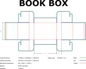 Detailed diagram of a book box die cut template showing dimensions bleed lines and creasing for packaging design