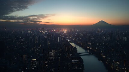 Fototapeta premium Sunset behind Tokyo skyline with golden lights view high resolution picture