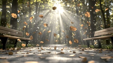 Sunlit pathway with benches and falling leaves