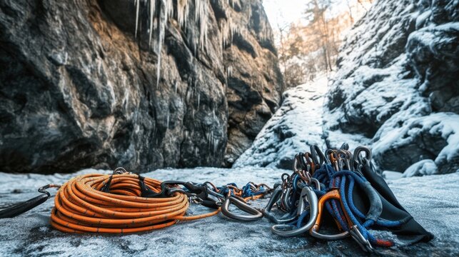 Snowy mountain pass with climbing tools scattered beside a rope anchor point