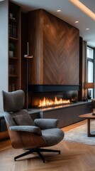 Fototapeta premium Modern living room interior with fireplace and swivel chair creating warm ambiance for relaxing space