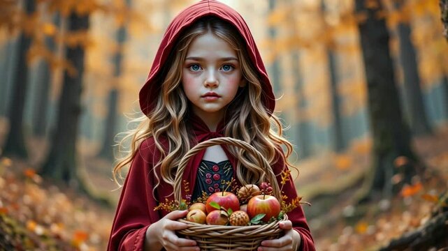 A girl in a red hooded cloak holding a basket of apples in an autumn forest setting with fallen leaves