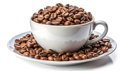 Fototapeta premium White cup with roasted coffee beans isolated on white background