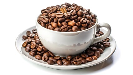 Fototapeta premium White cup with roasted coffee beans isolated on white background