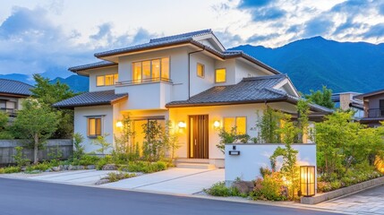 Modern, elegant home exterior at twilight.