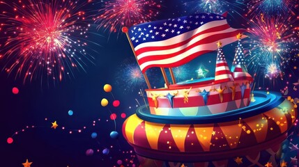 Whimsical cartoon parade float with American flag and fireworks