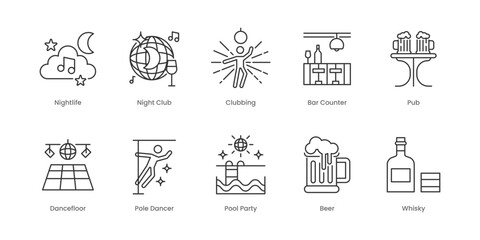 Night Club  Outline Icons Set – Clubbing, Night Club, Nightlife, Bar Counter, Beer, Dancefloor, Pole Dancer, Pool Party, Pub, Champagne, Editable Stroke.