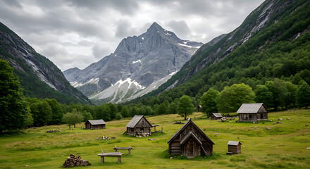 Idyllic valley featuring rustic wooden cabins nestled amidst lush greenery beneath towering mountains.