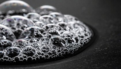 Bubbling action in nature close-up view of soap bubbles on black surface macro photography abstract concept