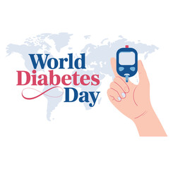 World Diabetes Day: Conceptual image for World Diabetes Day, depicting a human hand holding a glucose meter, with the world map subtly in the background.  A visual representation of global awareness.