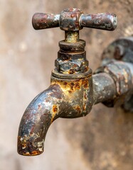 
A rusty water faucet showing signs of age and corrosion, with textured metal and weathered details — representing decay, neglect, or the passage of time.