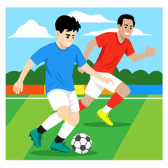 Flat design cartoon vector illustration of two soccer players running and competing for the ball on the green field. Perfect for education, sports promotion and children's materials.