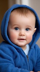 Cute baby with big blue eyes wearing a hooded blue fleece jacket smiles sweetly at the camera expressing happiness and warmth infant portrait