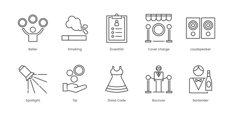 Night Club  Outline Icons Set – Rave, Smoking, Cover Charge, Dress Code, Guestlist, Loudspeaker, Spotlight, Tip, Barback, Bartender, Editable Stroke.