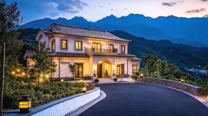 Obraz premium Luxurious mountain home at dusk, illuminated facade.