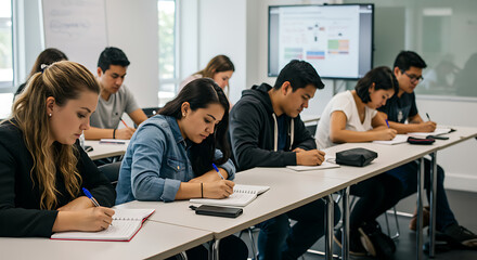 Focused students taking notes in a brightly lit classroom, engaged in learning and education.