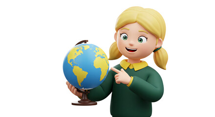 Fototapeta premium Cartoon girl holding globe learning geography education world map earth continents oceans countries study 3d render on transparent background