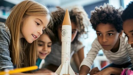 Children engrossed in a collaborative science project, focusing on a model rocket