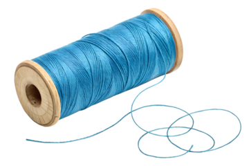 A spool of blue thread with wooden ends and loose thread against a black background in a studio shot