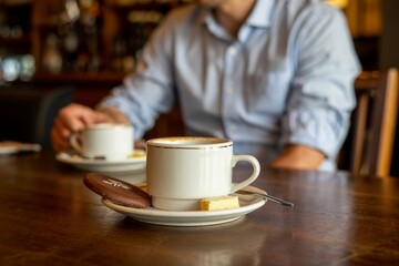 Warm moments shared over coffee and cookies at a cozy wooden table in a welcoming cafe atmosphere