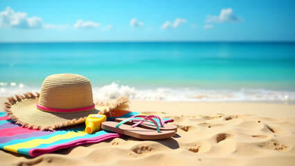 Obraz premium A Captivating Beach Getaway, Sun Hat, Flip Flops, and Sunscreen on Golden Sand with Turquoise Sea and Clear Blue Sky, Perfect for Summer Vacation Vibes