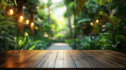 Warm rustic wooden tabletop in a lush tropical garden with blurred background of palm trees, exotic plants and soft natural light - perfect for branding visuals & concepts