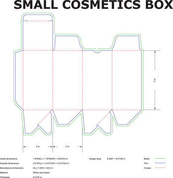 Detailed blueprint for a small cosmetics box featuring dimensions and construction details for packaging design and manufacturing processes.
