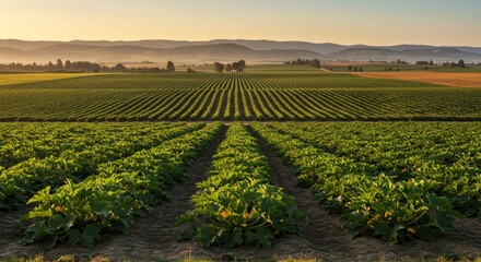 Expansive zucchini fields stretch towards distant hills under gentle sunlight