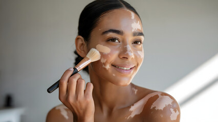 Confident woman with vitiligo applying makeup with brush, embracing natural beauty, skincare and cosmetics concept, diversity and inclusion in beauty industry, self-love promotion