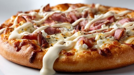 Delicious gourmet pizza features a golden crust adorned with savory ham and creamy sauce. Fresh herbs enhance the flavor and aroma, offering a tempting culinary experience