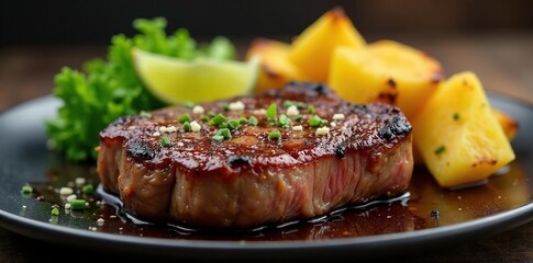 Perfectly charred steak, grilled pineapple, lime wedge, pineapple, grill