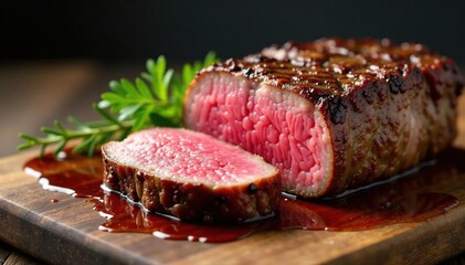 Juicy medium-rare steak sliced, pink center, dripping juices onto wood , ribeye, food, healthy