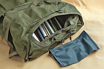 Open olive green backpack with organized interior.  Various cylindrical objects, documents, and a small pouch are visible