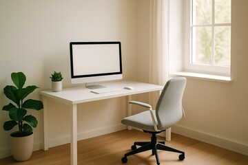 Workspace serenity: A modern workspace, bathed in natural light from a nearby window, offers a calming environment. This image features a minimalistic aesthetic with a clean desk, ergonomic chair.