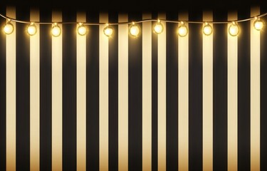Warm string lights strung along a black and gold striped wall