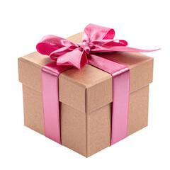 Obraz premium A brown gift box tied with a shiny pink ribbon and bow.