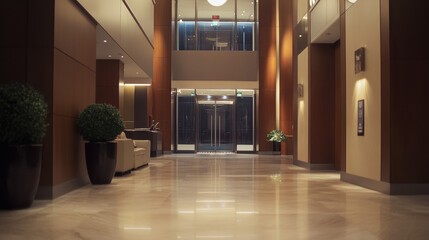 Elegant lobby interior with marble floor, potted plants, modern furniture, and glass doors leading to elevators