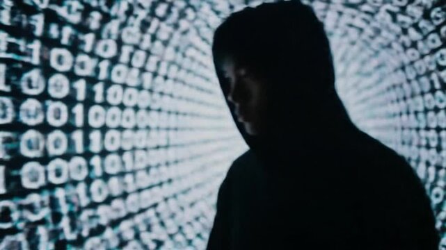a lone hacker standing inside a virtual data stream tunnel with walls of encrypted code and flickering binary digits, immersed in a digital environment of cyber information.