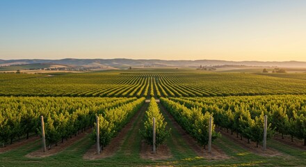 Fototapeta premium Expansive orchard landscape featuring symmetrical rows under soft morning sunlight