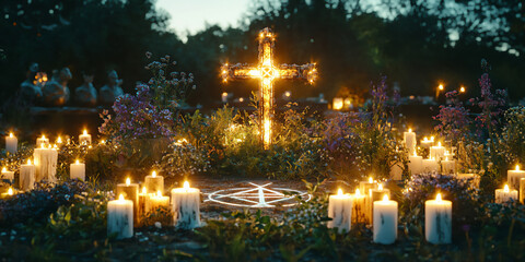 ritualistic scene leviathan cross candles herbs pentagram