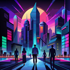 Silhouettes of people in futuristic cityscape digital urban environment vibrant colours skyscrapers neon lights modern city background