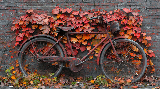 Vintage bicycle against a brick wall with autumn leaves