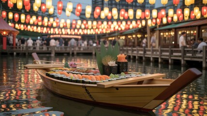 Celebrating International Sushi Day with a colorful sushi display on a boat surrounded by lanterns in a lively setting