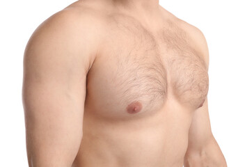 Young man with hairy chest on white background, closeup. Epilation procedure