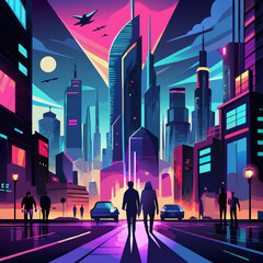 Silhouettes of people in futuristic cityscape digital urban environment vibrant colours skyscrapers neon lights modern city background
