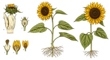 Sunflower anatomy botanical illustration vintage educational diagram of sunflower plant parts and structure on transparent background